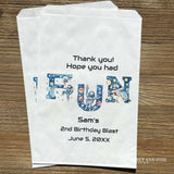 Blast off into party perfection with these Space Birthday Favor Bags! Designed to delight young astronauts and space enthusiasts, each bag features vibrant cosmic imagery including planets, stars, and rockets. Perfect for filling with small toys, candy, or treats, these favor bags add an out-of-this-world touch to any birthday celebration. Printed on white bags and personalized for the guest of honor.  Text 'Thank you!  Hope you had FUN'.