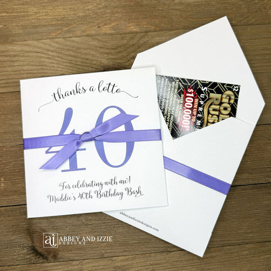 Reveal the fun with our Scratch Card Birthday Party Favors—interactive keepsakes that delight guests of all ages. Enclose a scratch card inside these beautiful envelopes, perfect for adding an extra layer of excitement to your celebration. Ideal for birthday parties, these customizable favors let you personalize for the guest of honor.&nbsp; Constructed from durable white cardstock, shipped to you assembled and ready for your event.&nbsp; Your choice of number and ribbon color, customize for any birthday.