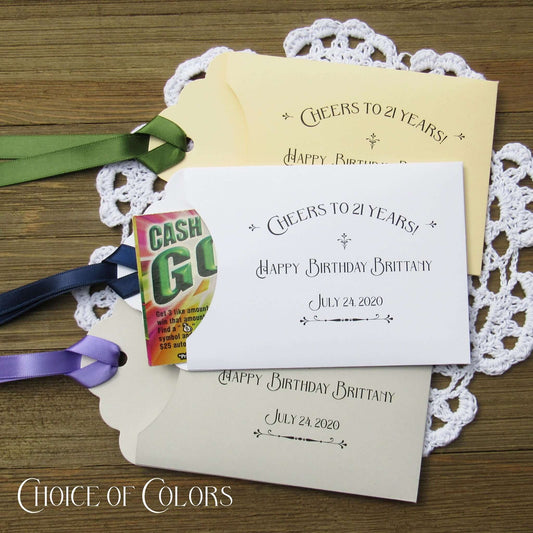 Fun 21st Birthday Party Favors are personalized for the guest of honor, slide a lotto ticket in these cute envelopes to see who goes home a winner.  