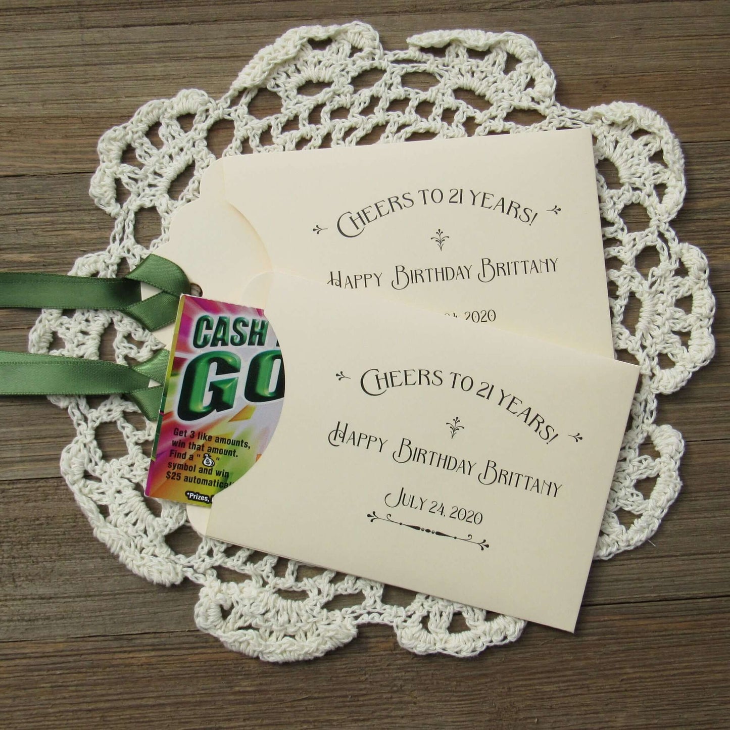 Fun 21st Birthday Party Favors are personalized for the guest of honor, slide a lotto ticket in these cute envelopes to see who goes home a winner.  