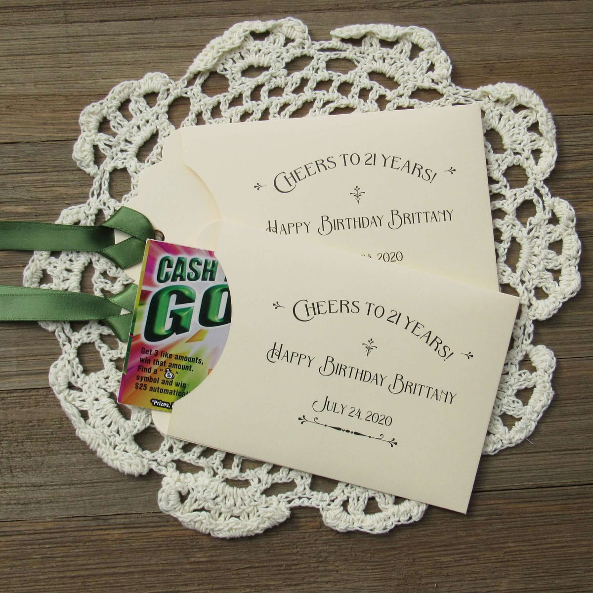 Fun 21st Birthday Party Favors are personalized for the guest of honor, slide a lotto ticket in these cute envelopes to see who goes home a winner.  