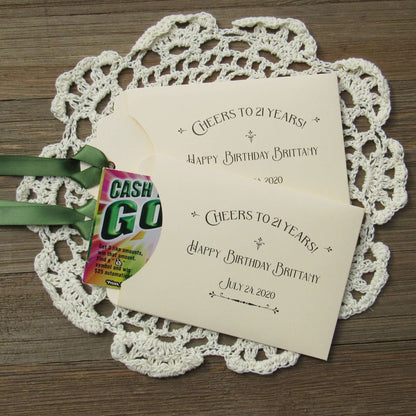 Fun 21st Birthday Party Favors are personalized for the guest of honor, slide a lotto ticket in these cute envelopes to see who goes home a winner.  