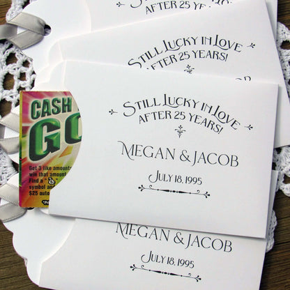 Still Lucky in Love 25th Anniversary Favors, slide a lottery ticket in and see who goes homes with the cash!  Your guests will appreciate these fun and easy silver anniversary party favors.