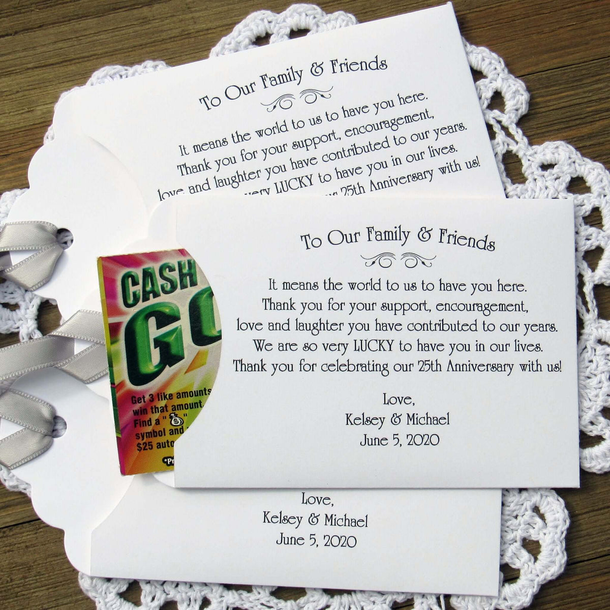 Lottery Ticket Envelopes for Wedding Anniversary Favors, these can be made for any anniversary year.  Shown here for a 25th Anniversary with silver ribbon printed on white envelopes. Slide a scratch off lotto in to see which guests win big