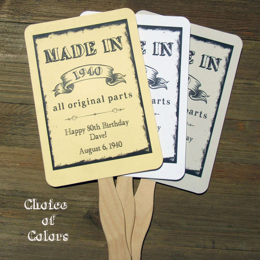 Vintage Adult Birthday Party Favor Fans personalzied for the guest of honor.  Your choice of white, ivory or gray card stock, fans come fully assembled.  Keep your guests cool while providing them with a keepsake to take home from the party with these fun event fans.