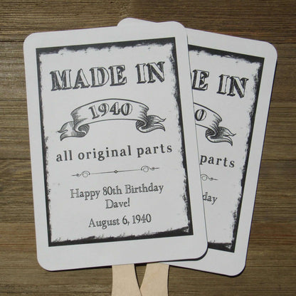 Vintage Adult Birthday Party Favor Fans personalzied for the guest of honor.  Your choice of white, ivory or gray card stock, fans come fully assembled.  Keep your guests cool while providing them with a keepsake to take home from the party with these fun event fans.