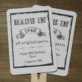 Adult Birthday Party Favor Fans personalzied for the guest of honor.  Your choice of white, ivory or gray card stock, fans come fully assembled.  Keep your guests cool while providing them with a keepsake to take home from the party with these fun event fans.