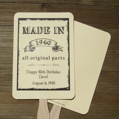 Vintage Adult Birthday Party Favor Fans personalzied for the guest of honor.  Your choice of white, ivory or gray card stock, fans come fully assembled.  Keep your guests cool while providing them with a keepsake to take home from the party with these fun event fans.