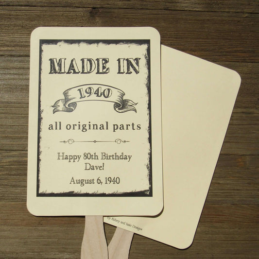 Vintage Adult Birthday Party Favor Fans personalzied for the guest of honor.  Your choice of white, ivory or gray card stock, fans come fully assembled.  Keep your guests cool while providing them with a keepsake to take home from the party with these fun event fans.