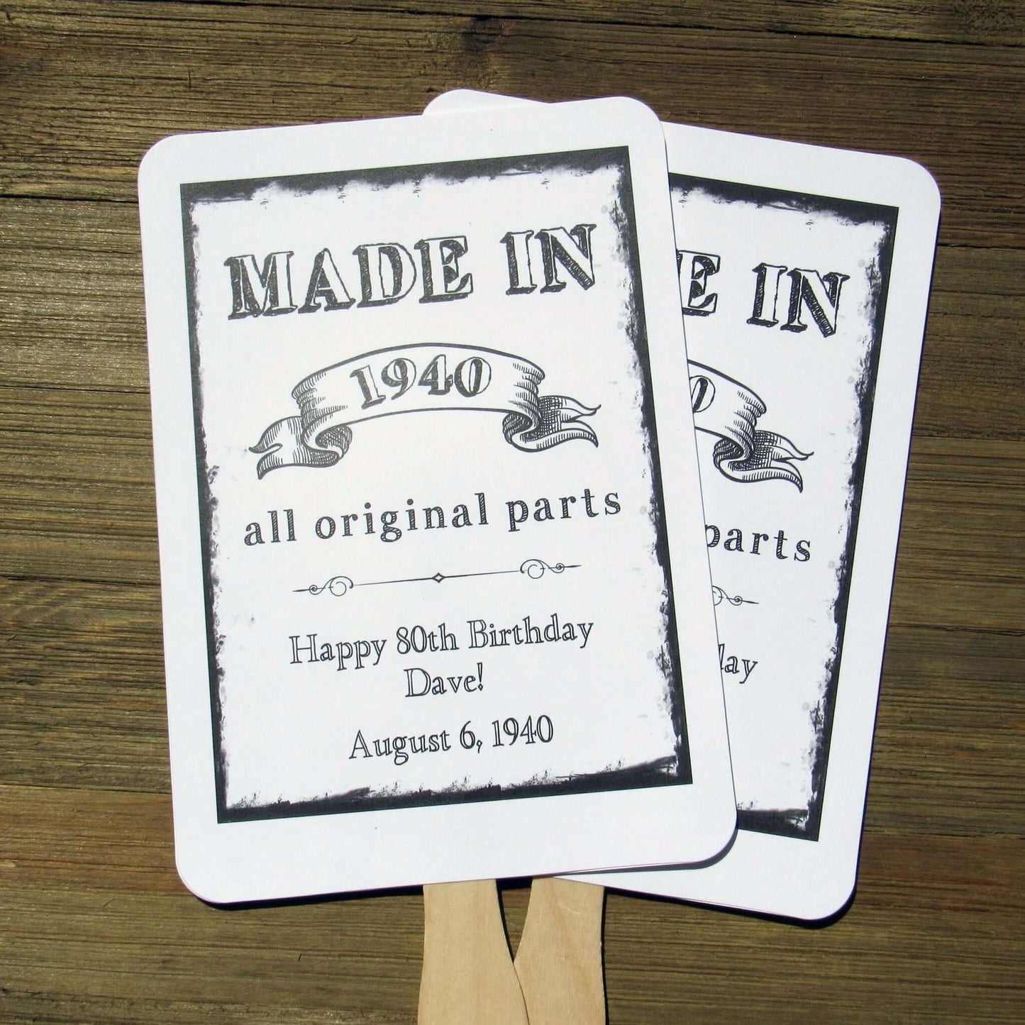 Vintage Adult Birthday Party Favor Fans personalzied for the guest of honor.  Your choice of white, ivory or gray card stock, fans come fully assembled.  Keep your guests cool while providing them with a keepsake to take home from the party with these fun event fans.