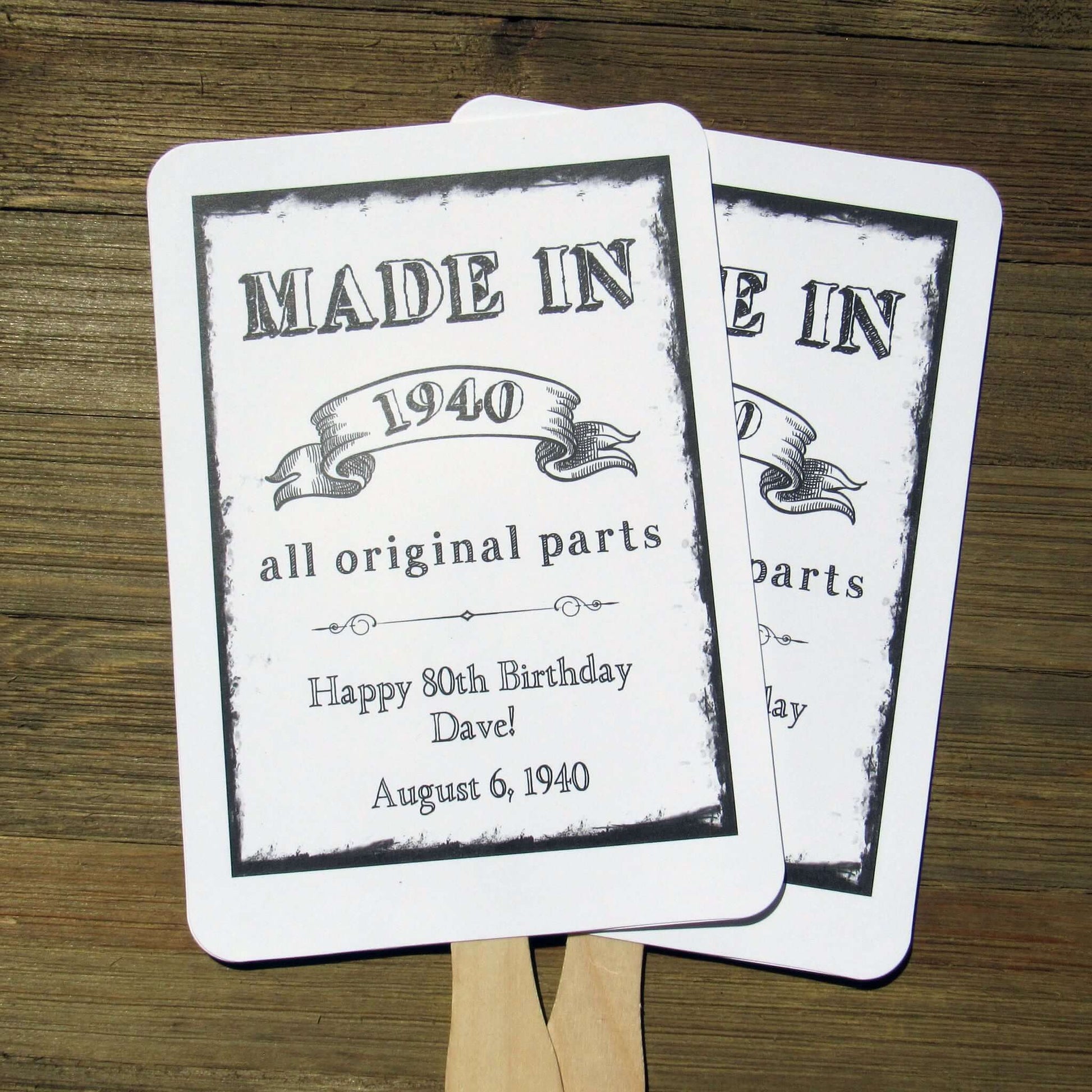 Vintage Adult Birthday Party Favor Fans personalzied for the guest of honor.  Your choice of white, ivory or gray card stock, fans come fully assembled.  Keep your guests cool while providing them with a keepsake to take home from the party with these fun event fans.