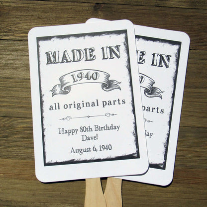 Vintage Adult Birthday Party Favor Fans personalzied for the guest of honor.  Your choice of white, ivory or gray card stock, fans come fully assembled.  Keep your guests cool while providing them with a keepsake to take home from the party with these fun event fans.