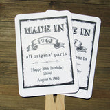 Adult Birthday Party Favor Fans personalzied for the guest of honor.  Your choice of white, ivory or gray card stock, fans come fully assembled.  Keep your guests cool while providing them with a keepsake to take home from the party with these fun event fans.