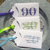 Fun adult birthday party favors, slide a scratch off ticket in these cute envelopes and see who wins.  Envelopes are white with your choice of large number and ribbon color.  These can be made for any age.