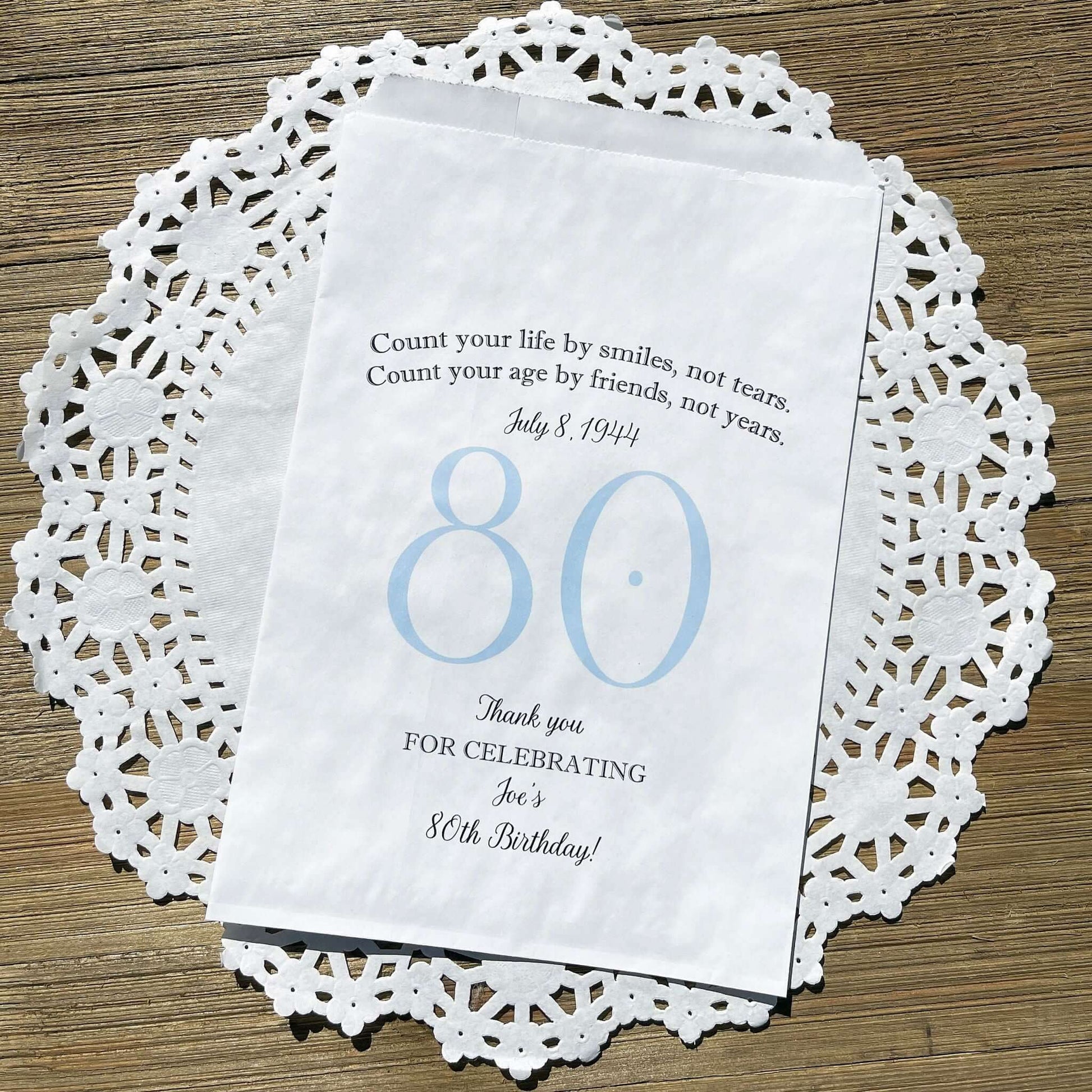These 80th Birthday Favor Bags, personalized for the guest of honor for an 80th birthday party.  Printed on white bags your choice of large number color.  Larger than most favor bags these are perfect for many sweet treats for your party guests.  A fun bag for an 80th birthday celebration.