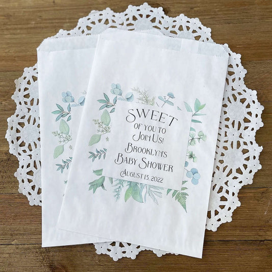 Greenery Baby Shower Favor Bags, personalized for the mother to be.  Printed with 'sweet of you to join us' with a greenery frame, these will be perfect for cookie bags or candy buffet bags.