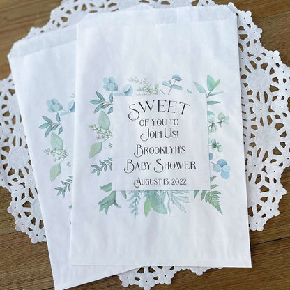 Greenery Baby Shower Favor Bags, personalized for the mother to be.  Printed with 'sweet of you to join us' with a greenery frame, these will be perfect for cookie bags or candy buffet bags.