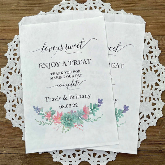 Wedding Succulent Favor Bags printed on white bags, love is sweet, enjoy a treat, thank you for making our day complete.  Personalized with the bride and grooms names and wedding date.