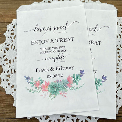Wedding Succulent Favor Bags printed on white bags, love is sweet, enjoy a treat, thank you for making our day complete.  Personalized with the bride and grooms names and wedding date.