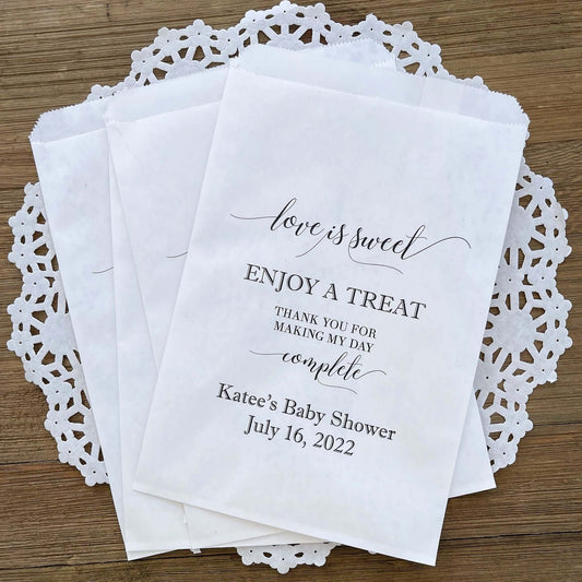 Personalized Baby Shower Candy Cookie Bags for the Mother to be!  Printed on white bags, large bags that can be used for a candy buffet.