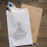 Family reunion bags, personalized for the event with family name, date and sweet poem.  Large bags for utensil bags, candy, cookies.  Choice of white or brown bags.