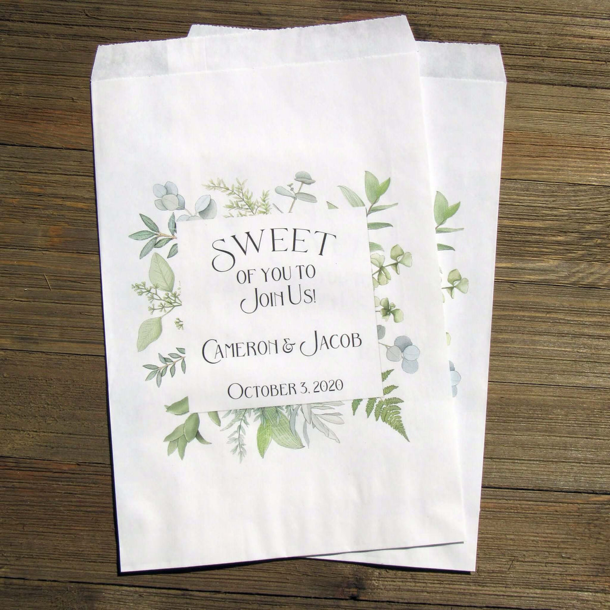 Sweet of you to Join us greenery wedding favor bags, Personalized for the bride and groom, favor bags, candy bags, cookie bags, popcorn bags.  