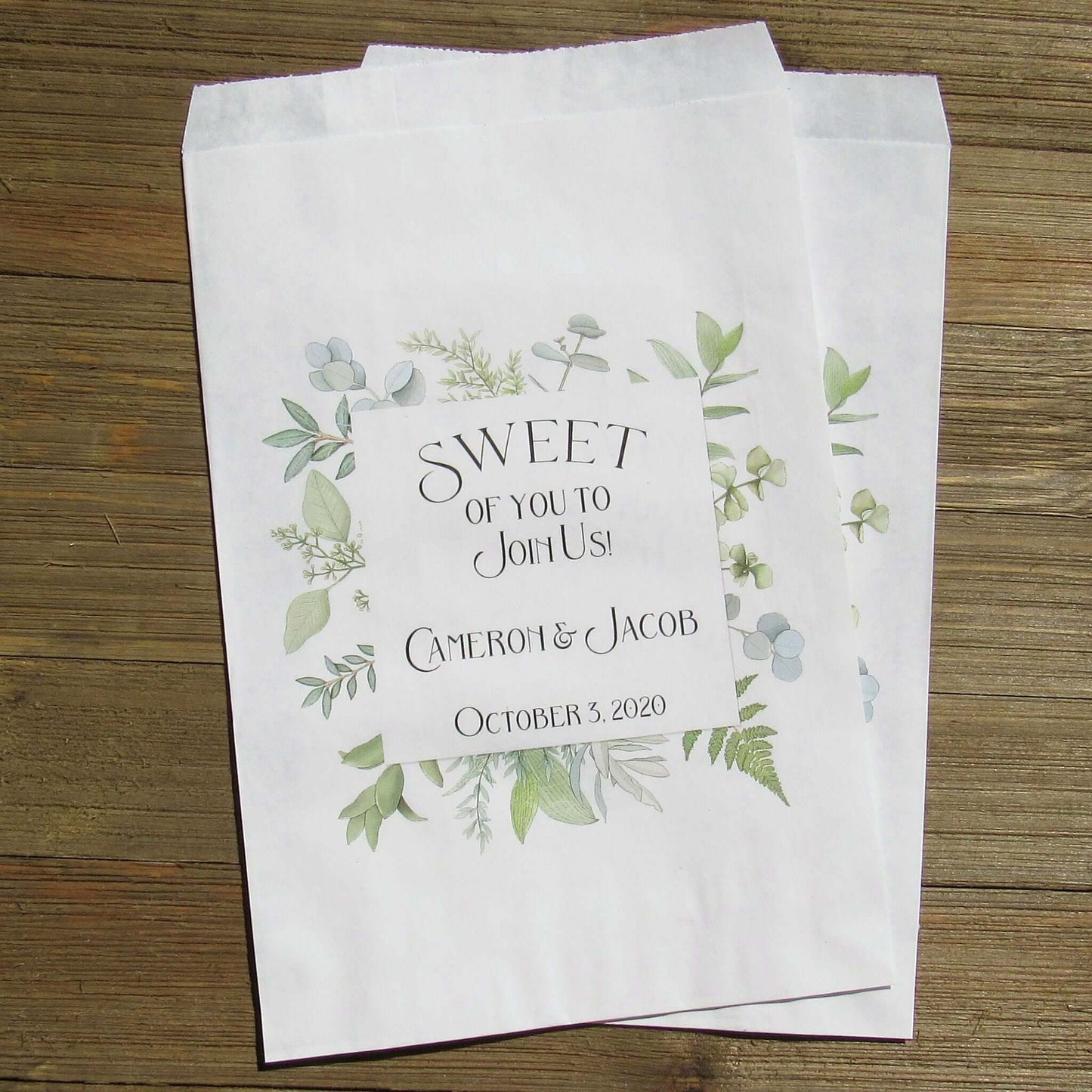 Sweet of you to Join us greenery wedding favor bags, Personalized for the bride and groom, favor bags, candy bags, cookie bags, popcorn bags.  