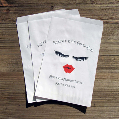Ladies Birthday Favor Bags, 'kissing my 40's good bye' can be made for any birthday.  Bags are white and personalized for the guest of honor.  