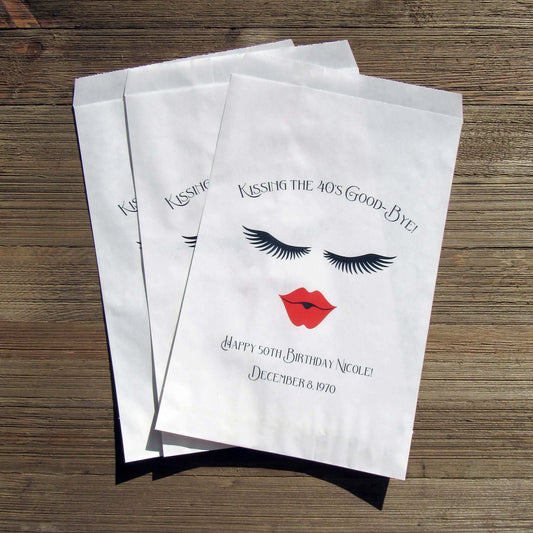 Ladies Birthday Favor Bags, 'kissing my 40's good bye' can be made for any birthday.  Bags are white and personalized for the guest of honor.  