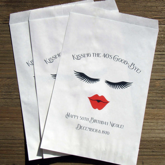 Ladies Birthday Favor Bags, 'kissing my 40's good bye' can be made for any birthday.  Bags are white and personalized for the guest of honor.  