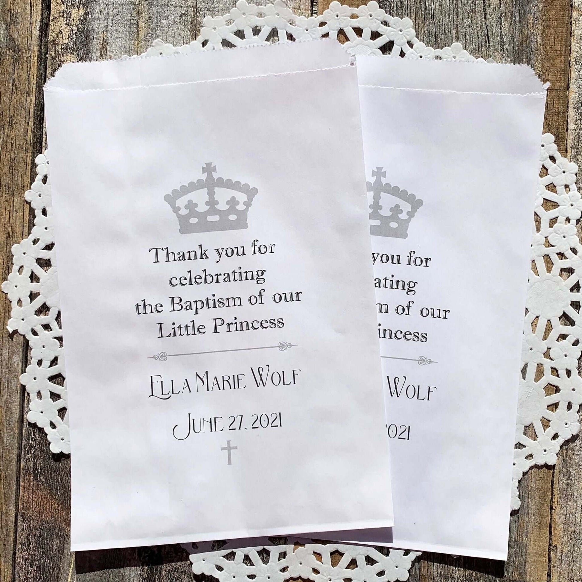 Little Princess Baptism Favor Bags, personalized for the guest of honor.  Adorned with a crown and printed, thanks for celebrating the Baptism of our little princess, with baby name and date.