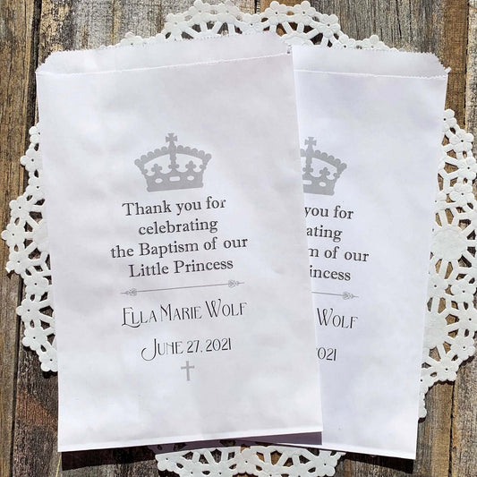 Little Princess Baptism Favor Bags, personalized for the guest of honor.  Adorned with a crown and printed, thanks for celebrating the Baptism of our little princess, with baby name and date.