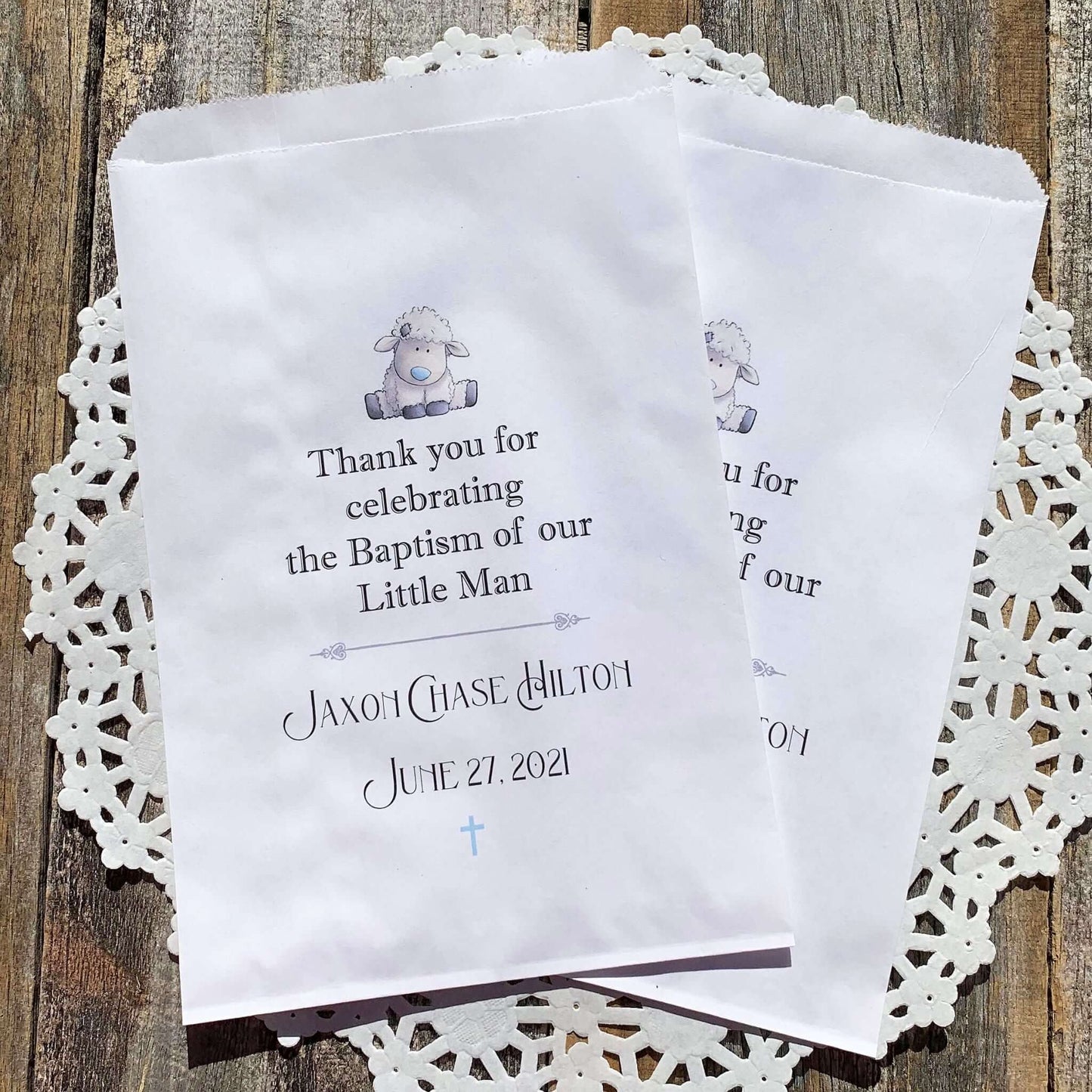  Baby Boy Christening Favor Bags for the guest of honor.  Printed on white bags with a little lamb and thank you for celebrating the Baptism of our little man.