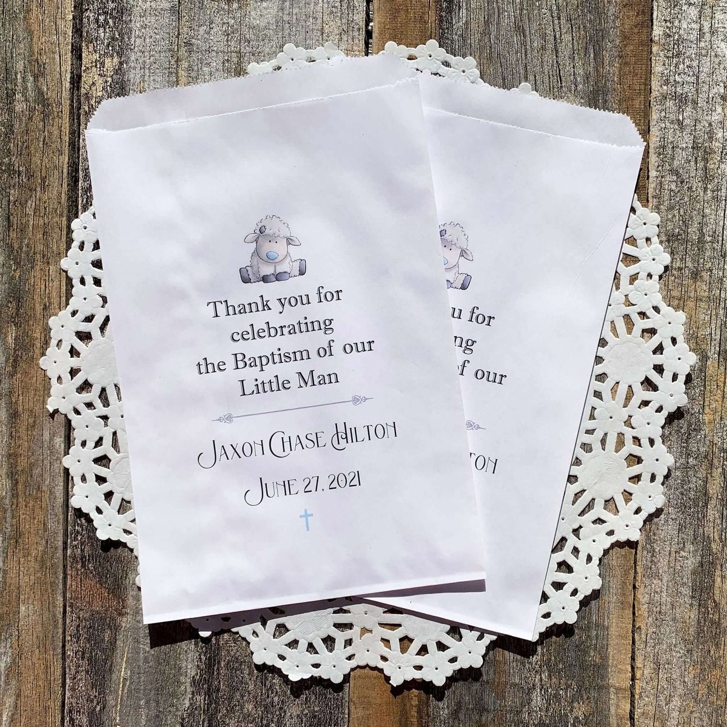  Baby Boy Christening Favor Bags for the guest of honor.  Printed on white bags with a little lamb and thank you for celebrating the Baptism of our little man.