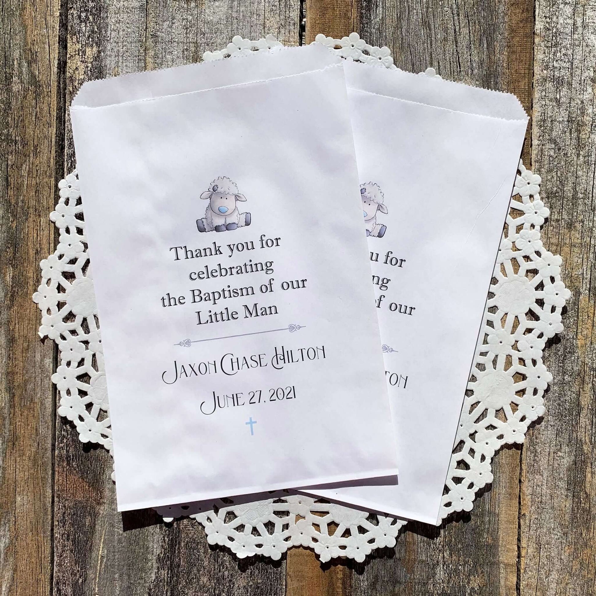  Baby Boy Christening Favor Bags for the guest of honor.  Printed on white bags with a little lamb and thank you for celebrating the Baptism of our little man.
