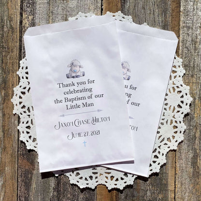  Baby Boy Christening Favor Bags for the guest of honor.  Printed on white bags with a little lamb and thank you for celebrating the Baptism of our little man.