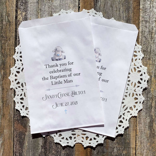  Baby Boy Christening Favor Bags for the guest of honor.  Printed on white bags with a little lamb and thank you for celebrating the Baptism of our little man.