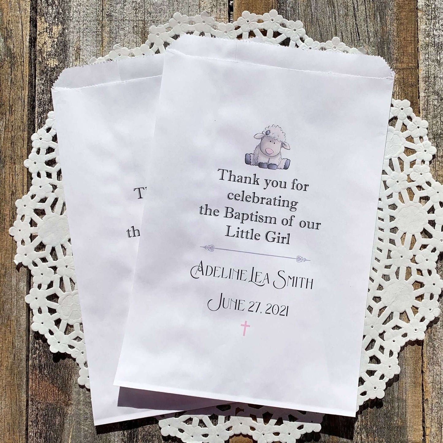Baby Girl Christening Favors Personalized, white bags printed with baby name and date.  