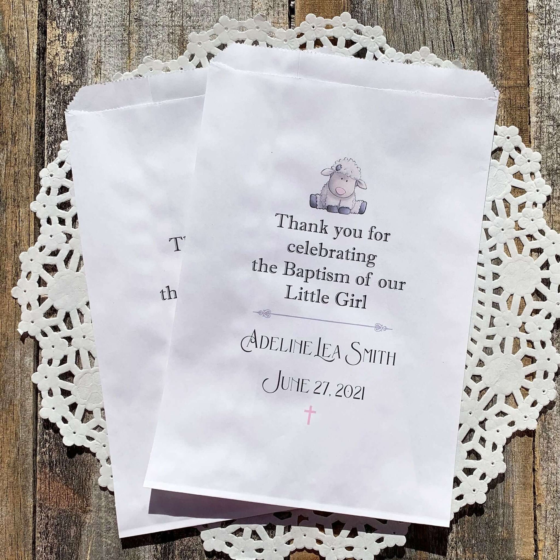 Baby Girl Christening Favors Personalized, white bags printed with baby name and date.  