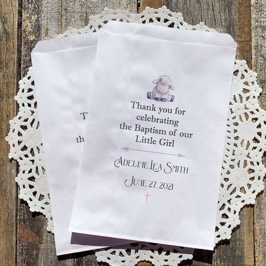 Baby Girl Christening Favors Personalized, white bags printed with baby name and date.  