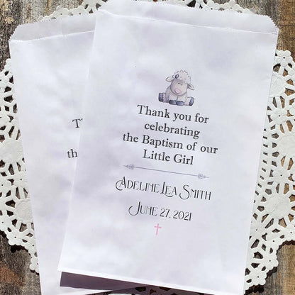 Baby Girl Christening Favors Personalized, white bags printed with baby name and date.  