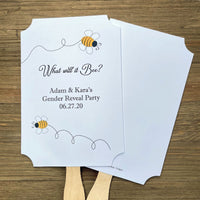 Looking for gender reveal party ideas?  Look no further our 'what will it bee' favor fans are perfect.  Printed on white card stock, adorned with sweet bees and personalized for the parents to be.  Shipped fully assembled, two sided with handle hidden between.