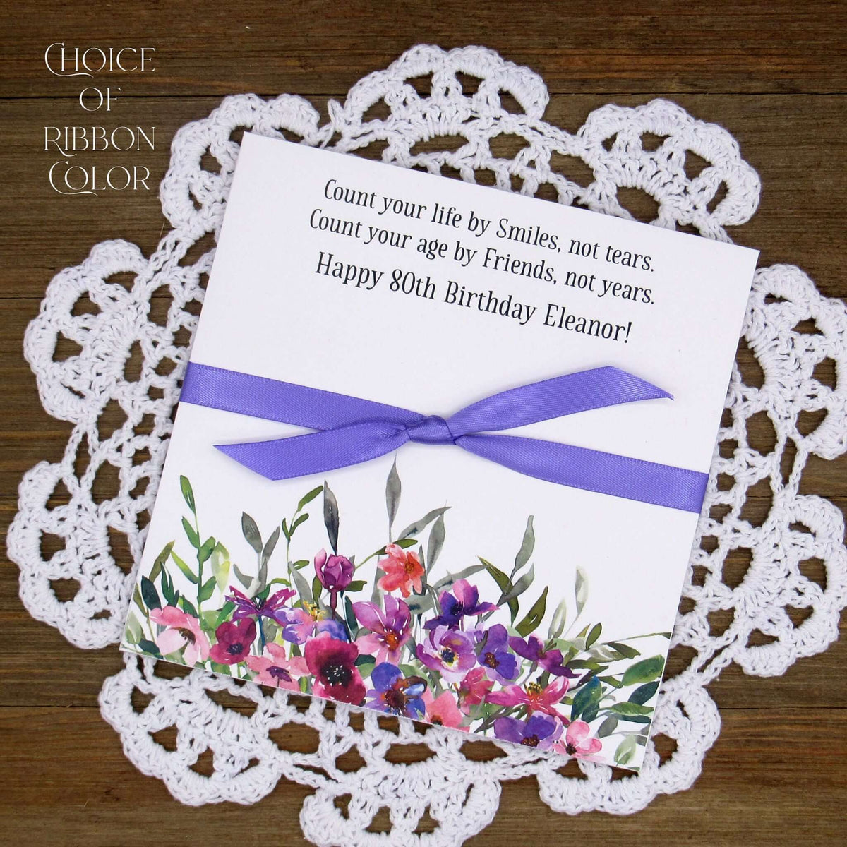 Lavender Floral Personalized Birthday Party Favors for any birthday.  Large envelopes easy to slide in a scratch off lotto ticket to see which guest wins big.  Ribbon tied around the center comes attached.