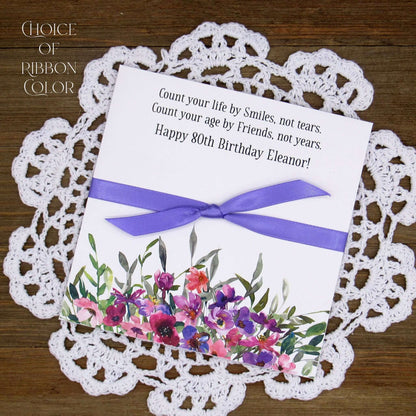 Lavender Floral Personalized Birthday Party Favors for any birthday.  Large envelopes easy to slide in a scratch off lotto ticket to see which guest wins big.  Ribbon tied around the center comes attached.