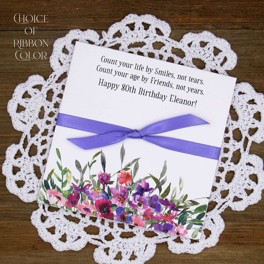 Lavender Floral Personalized Birthday Party Favors for any birthday.  Large envelopes easy to slide in a scratch off lotto ticket to see which guest wins big.  Ribbon tied around the center comes attached.