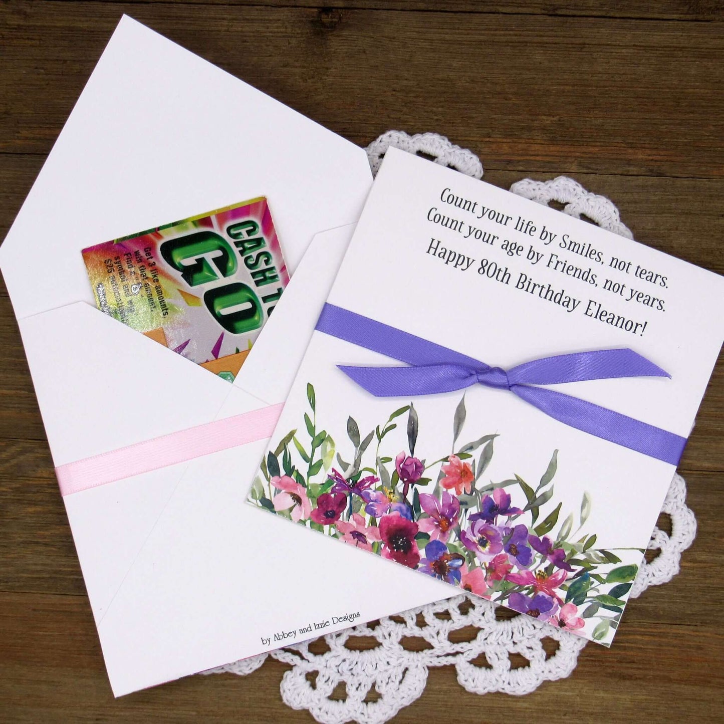 Lavender Floral Personalized Birthday Party Favors for any birthday.  Large envelopes easy to slide in a scratch off lotto ticket to see which guest wins big.  Ribbon tied around the center comes attached.