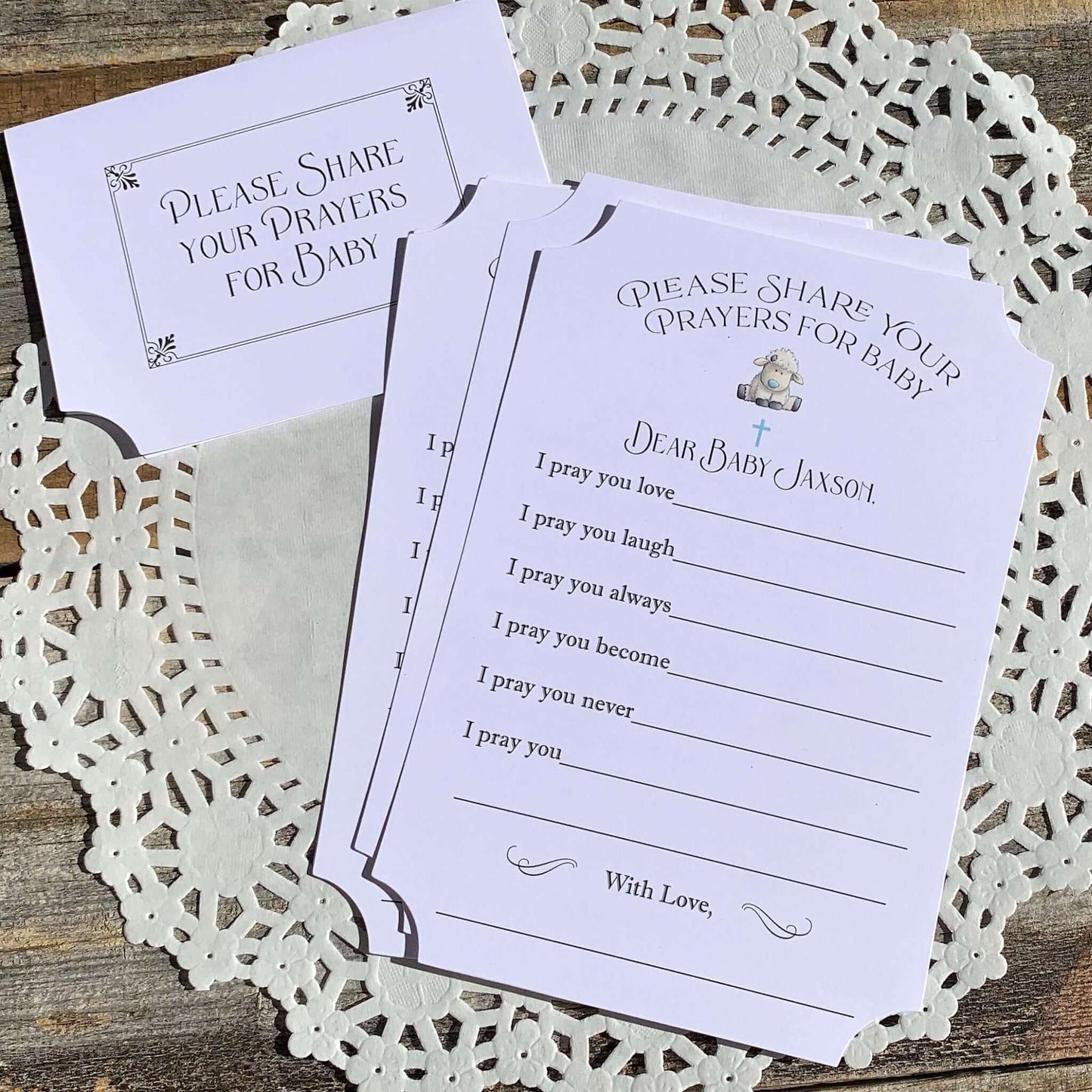 Baby Boy Baptism Prayer Cards personalized for the guest of honor.  Have your guests fill out a prayer card for a memorable keepsake for baby.