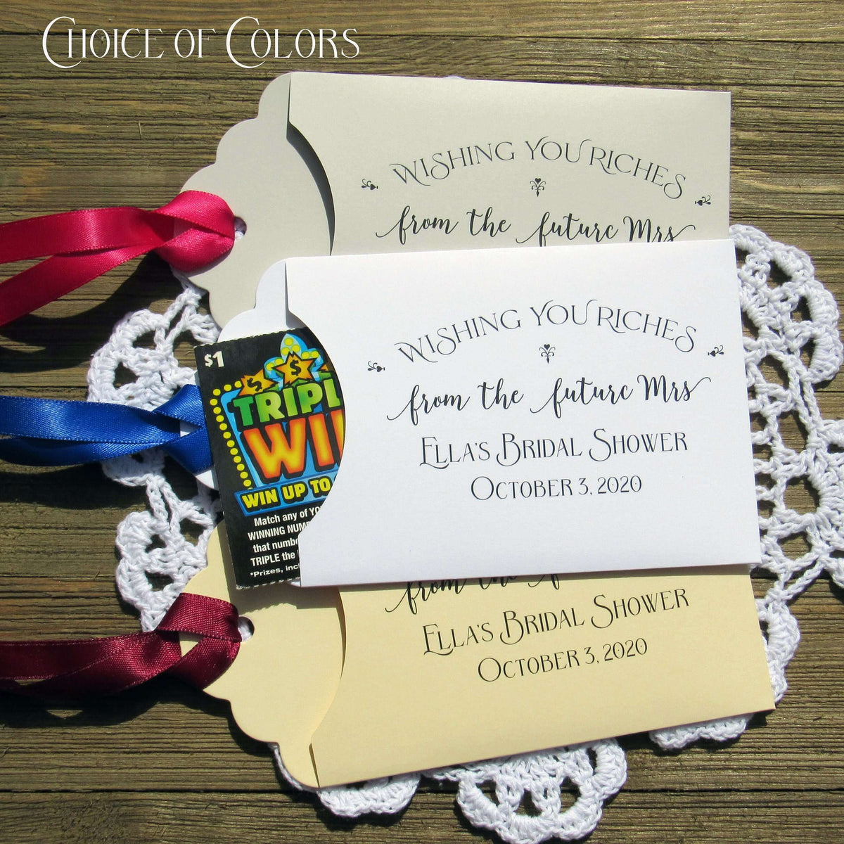 Lottery ticket bridal shower favors, these fun bridal shower favors are personalized for the bride to be, slide a lottery ticket in the envelope and see who wins.