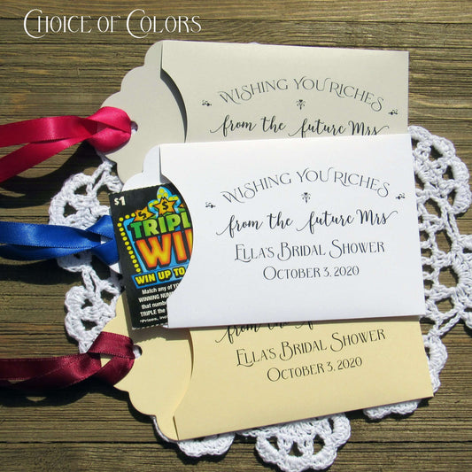 Lottery ticket bridal shower favors, these fun bridal shower favors are personalized for the bride to be, slide a lottery ticket in the envelope and see who wins.