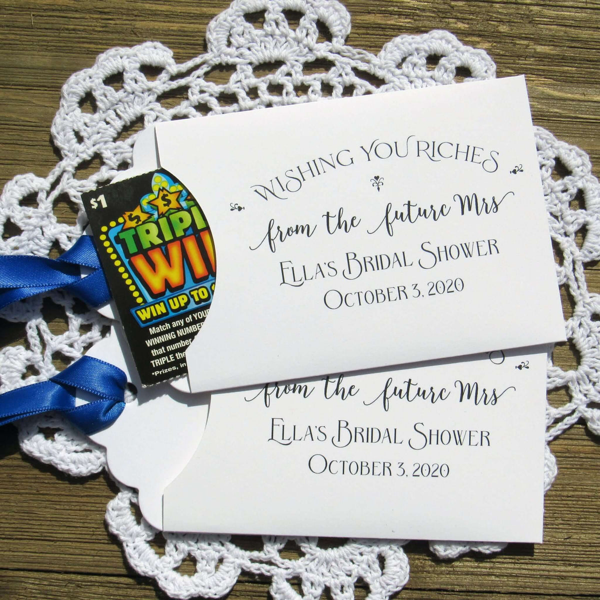 Lottery ticket bridal shower favors, these fun bridal shower favors are personalized for the bride to be, slide a lottery ticket in the envelope and see who wins.